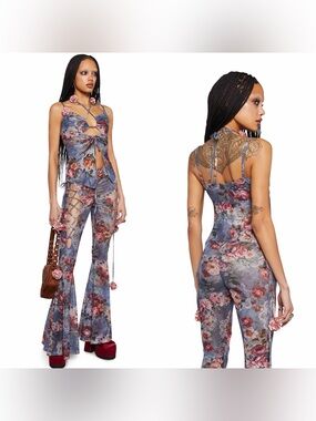 Current Mood | Mesh Floral Lace-Up Flare Pants & Halter Top | NWOT | XL